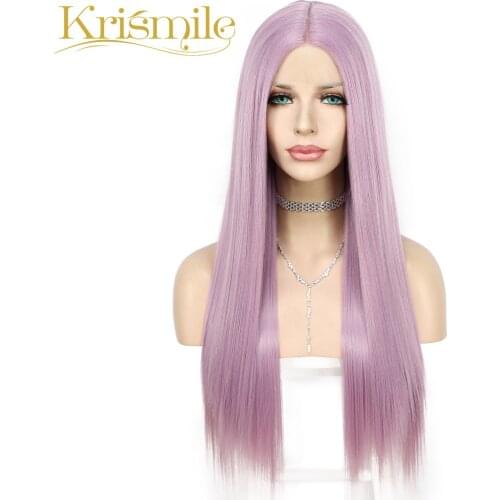 Synthetic Lace Wig Futura Fiber Light Purple T-Part Long Straight for Women High Temperature Cosplay Daily Drag Queen Make Up