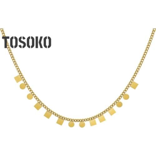 TOSOKO Stainless Steel Jewelry Small Round Piece Square Necklace Female Elegant Temperament Necklace BSP1053
