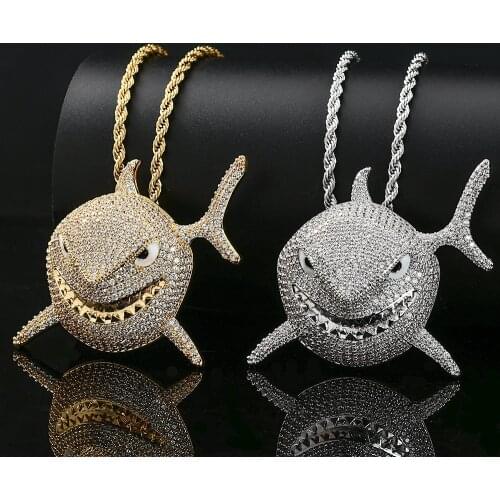 Hip Hop Iced Out Bling Cubic Zirconia Animal Shark Necklaces & Pendants For Men Women Rapper Jewelry With Solid Back Anime cos