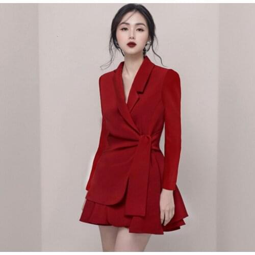 2019 Autumn High Quality Womens Set French Elegant Long Sleeve Chic Lrregular Blazer Top + Ruched Mini Skirt Suits 2 Piece Sets