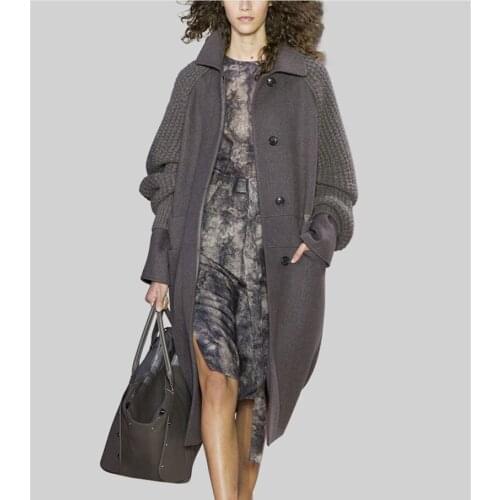 2018 new fashion woolen knitted patchwork women long overcoat drop-shoulder grey brown S-XL