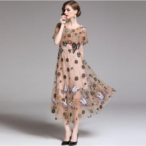 Summer fashion star catwalk high-end heavy work butterfly embroidery European and American womens long over-the-knee Dresses