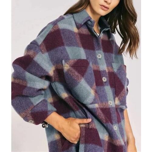 2021 Autumn Winter Women Woolen Plaid Coat Long Sleeve Single-Breasted Ladies Outwear Fashion Jacket Vintage Tops with Pockets
