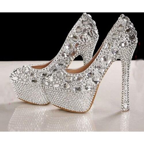 2020 Gorgeous Silver High Heels Crystal Wedding Shoes Fashion Lady Glitter Bridal Dress Shoes Popular Formal Shoes