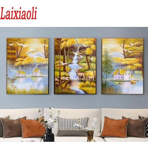 New 5d diamond painting 3 Pcs forest tree Creek mosaic birds fall natural view full square round drill diamond embroidery decor