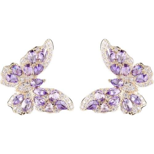 Shiny Crystal Pink Purple Gold Butterfly Earrings For Princess Birthday Gift Trendy Silver 925 Earring Women Party Accessories