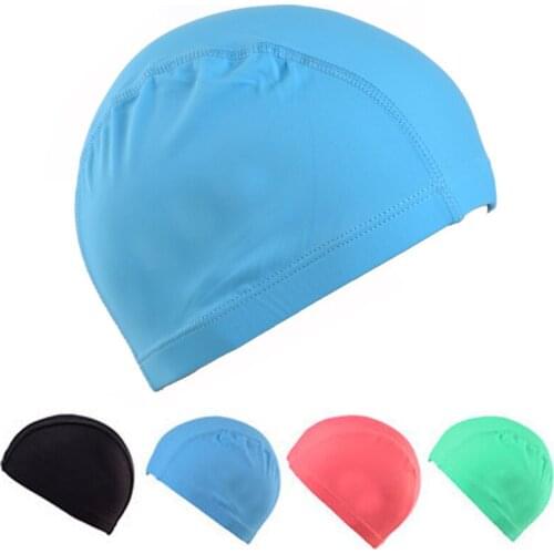 Elastic Waterproof PU Fabric Protect Ears Long Hair Sports Swim Pool Hat Home Pool Swimming Water Cap Free Size for Men Women