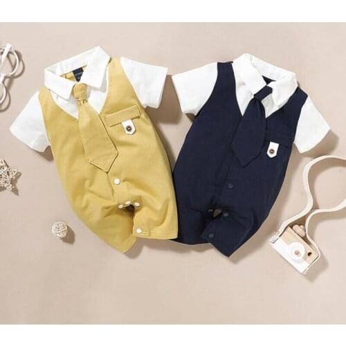 Newborn Kids Baby Boys Outfits Short Sleeve Patchwork Jumpsuit Romper Bow Tie Gentleman Clothing Party School Clothes 0-18M