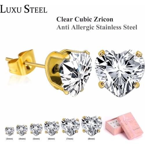 LUXUSTEEL Stainless Steel Earring Sets Gold Color Heart Shape Crystal Stud Earring For Women/Girl 6pairs/Box