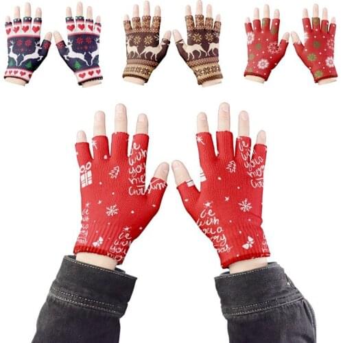 Fashion Half Finger Mittens Cartoon Elk Snowflake Knitted Women Gloves Touch Screen Elastic Work Men Gloves Guantes Luvas