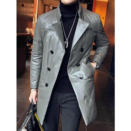 High Quality Sheepskin Leather Down Jacket 90% White Duck Down Men Long Warm Double-row Button Genuine Leather Jackets and Coats