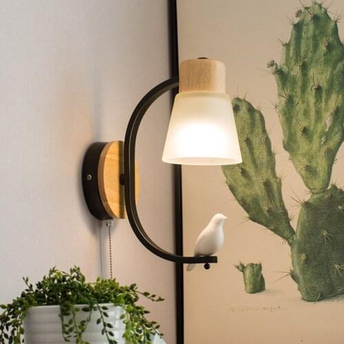 Nordic Solid Wood Wall sconce indoor wall Lamp fixtures Bedside Bedroom Aisle Modern Creative Living Room Bird Glass Wall Lamps