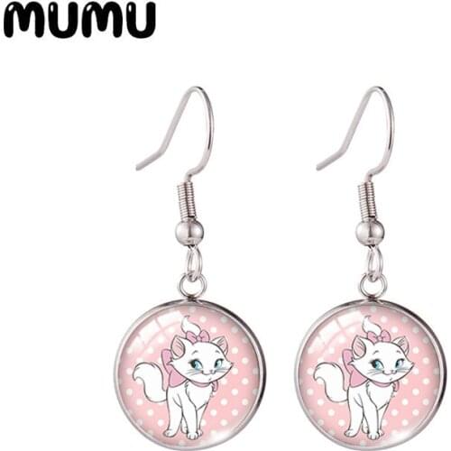 2021 New Aristochats Fish Hook Earring Cute Marie Round Jewelry Glass Dome Earrings Gifts Girl