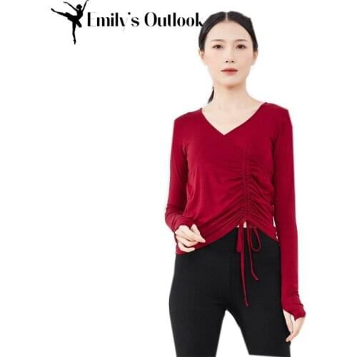 Wholesale Womens Long Sleeve Latin Ballet Dance Shirt V Neck Shrug Blouse Thumb Hole Tee Cotton Plus Size