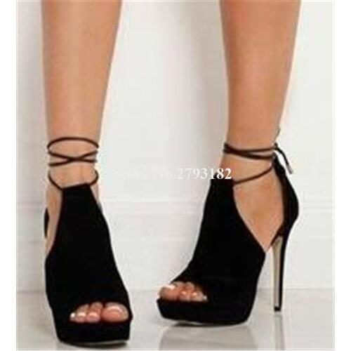 Top Fashion Women Peep Toe Suede Leather High Platform Stiletto Heel Gladiator Sandals Lace-up Cut-out High Heel Sandals Heels