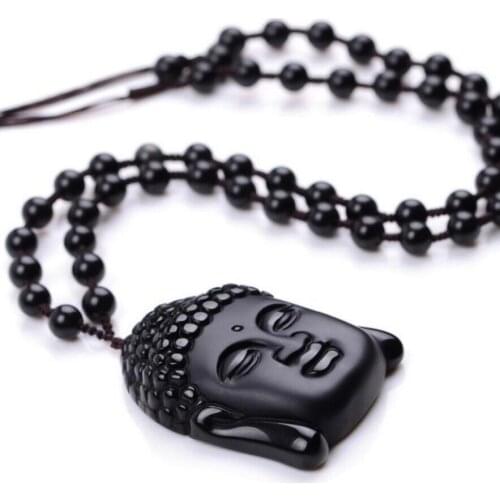 Natural obsidian Vintage Necklace Black Buddha Head Pendant For women&men jewelry