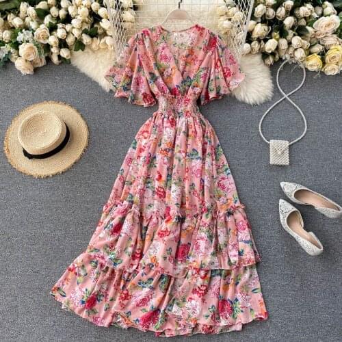 Womens Spring Summer Runway Fashion V Neck Floral Print Dress Female ChicTravel Beach Party Dress TB1906