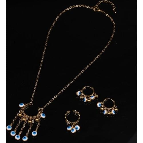 Turkish Evil Eye Necklace Earring Ring Set Plated Gold Blue Eye Tassels Pendant Necklace Ethnic Wedding Jewelry Sets