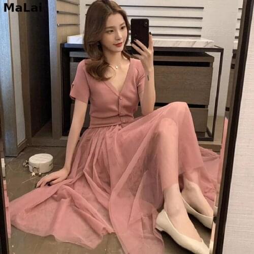 2021 New Summer Fairycore Dress Women Slim Splicing Net Yarn V Neck Knitted Long Dress Elegant Bodycon Kawaii Dresses Vestidos
