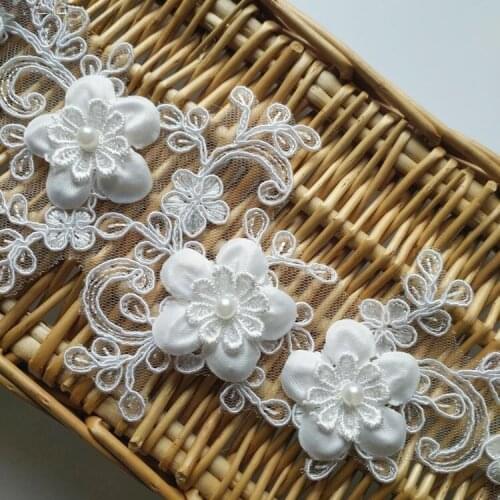 1 Pair Beautiful Ivory 3D Flower Pearl Beaded Lace Applique With Corded Sewing Lace For Prom Dress, Bridal Headpiece Free Ship
