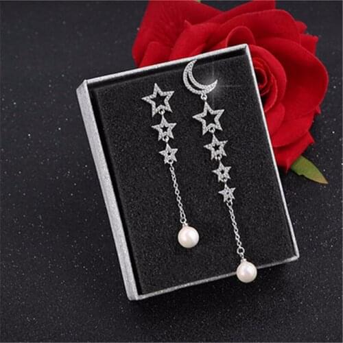 100% 925 Sterling Silver Crystal Star Moon Long Drop Earrings For Women Fashion Jewelry brincos pendientes