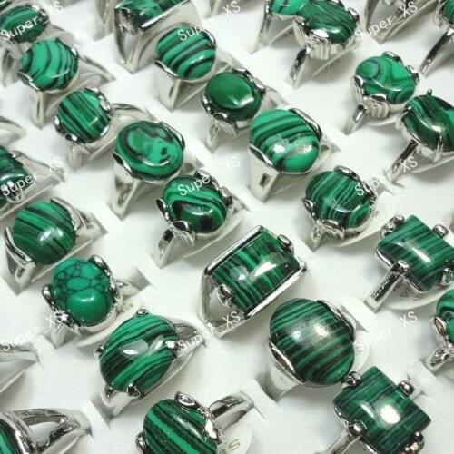 100Pcs Mixed Green Malachite Stone Silver Plated Rings for Women Men Whole Jewelry Bulk Lots Free Shipping RL524