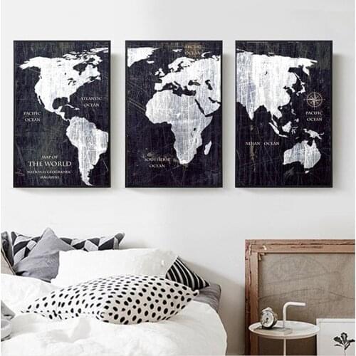 3Pcs Vintage Black And White World Map Posters Wall Art Pictures Canvas Home Decor Accessories Paintings Living Room Decoration