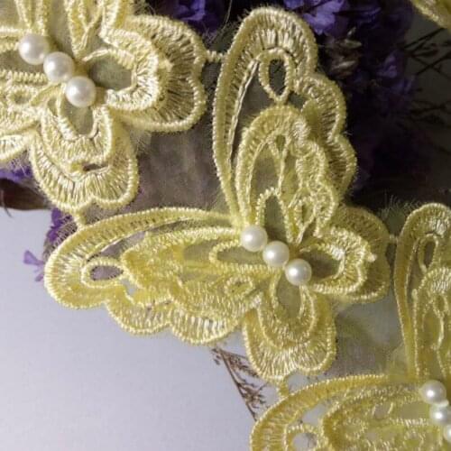 10x Yellow Butterfly Pearl Embroidered Lace Trim Ribbon Fabric Handmade DIY Sewing Craft For Costume Hat Shoes Decoration