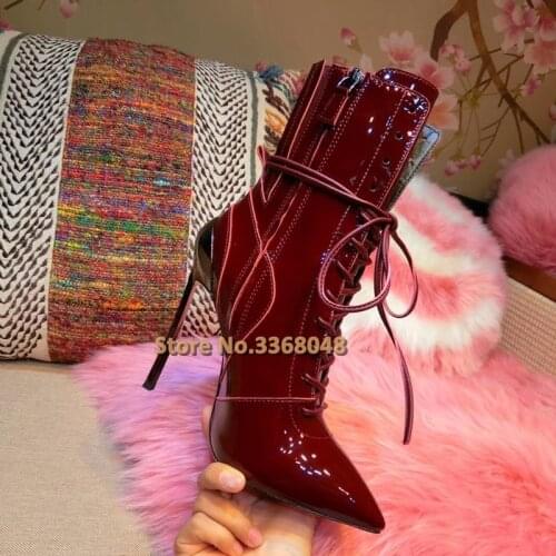 Thin High Heel Metal Blade Heel Ankle Booties Lace Up Leather Sexy Pointed Toe Zipper Short Boots Runway Dress Office Lades Boot