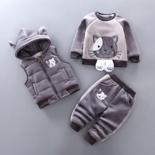 Kid Toddler Clothes Set Winter Velvet Hoodies Pants Cartoon Cat 3PCS Baby Girls Boy Suit for Boys Vest + Shirt+ Pants 1 - 4 Y