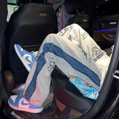 Harajuku print jeans men trousers 2021 summer Korean fashion trend high street hip-hop straight loose wide-leg high waist pants