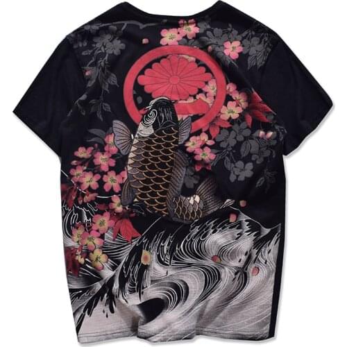 Japanese yokosuka embroidered carp diving short-sleeved T-shirt summer national style sakura carp male and female couples
