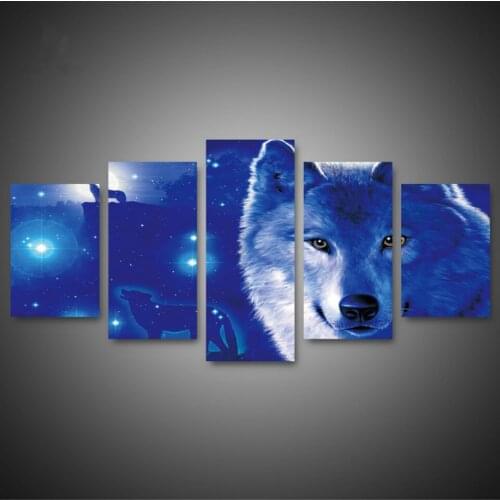 Canvas HD Printed Poster Modular Wall Art Wolf Pictures Framework 5 Pieces Full Moon Scenery Painting Living Room Home Decor