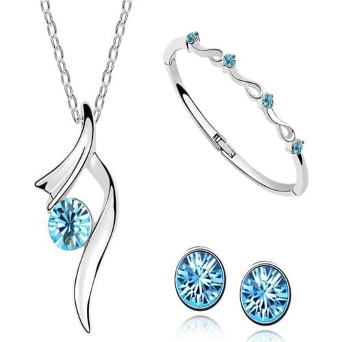 Dainty Female Rainbow Crystal Jewelry Set Charm Silver Color Dangle Earrings For Women Boho Round Zircon Wedding Chain Necklace