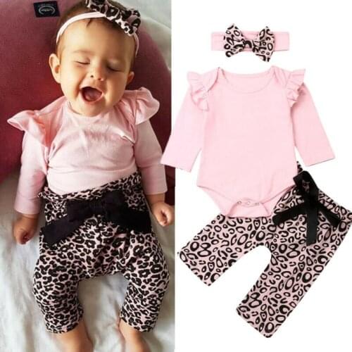Lovely Newborn Baby Girl Outfits Romper Jumpsuit Long Sleeve Tops+Leopard Pants+Hairband Clothes Casual Autumn Set 0-18M