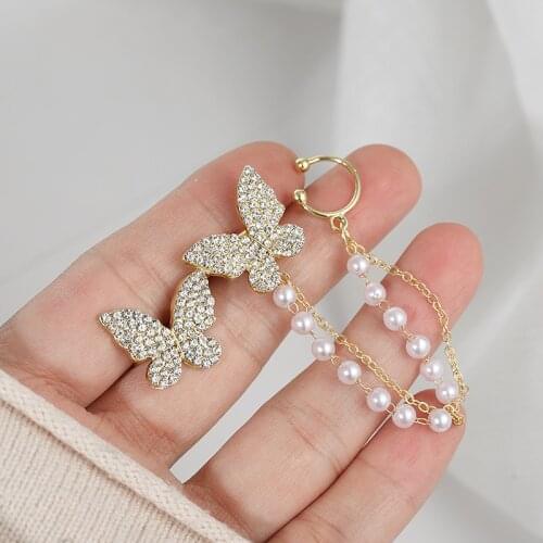 Sweet Fashion Girl Earrings Asymmetrical Crystal Butterfly Pearl Tassel Personality Net Red Temperament Earrings Womens
