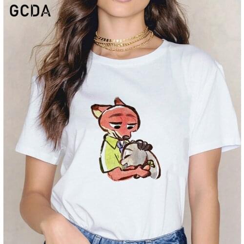 Disney Zootopia Nick the Fox Hugs Judy the Rabbit Print T-Shirt Fashion Women T-shirt Cute Girl Casual Tops Simple Tees Harajuku