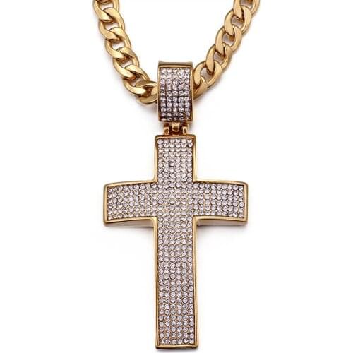 Fashion Women Men White Crystal Cross Pendant Stainless Steel Religion Jesus Arc Gold White Zirconia Cross Necklace Jewelry