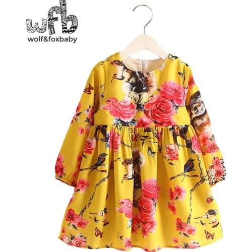 Retail 2-8 Princess Dress Flax Long Sleeve Clothing Baby Girl Cute Pink Floral Print Spring fall summer New