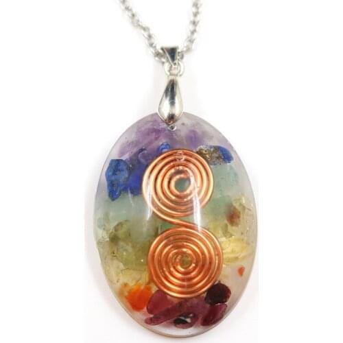 Silver Plated Oval Shape Rainbow Stone and Resin Pendant Healing Reiki Necklace Yellow Citrines Crystal Jewelry