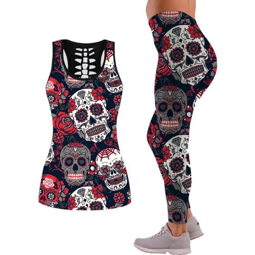 Casual Sportswear Two Piece Sets Women Hollow Printed Back Vest And Skull Printed Yoga Pants Matching Set Athleisure Outfits