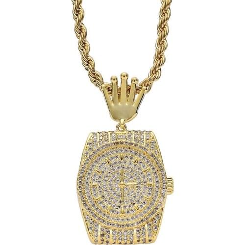 High Quality Iced Out Zircon Watch Dial Pendant With Hip Hop Bling Crown Charm Necklace Copper Punk Rock Jewelry