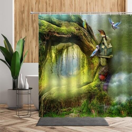 Natural Scenic Shower Curtain Birds Tree Wood House Jungle Child Bathroom Decor Fantasy Fairy Tale Hanging Cloth Curtain For Kid