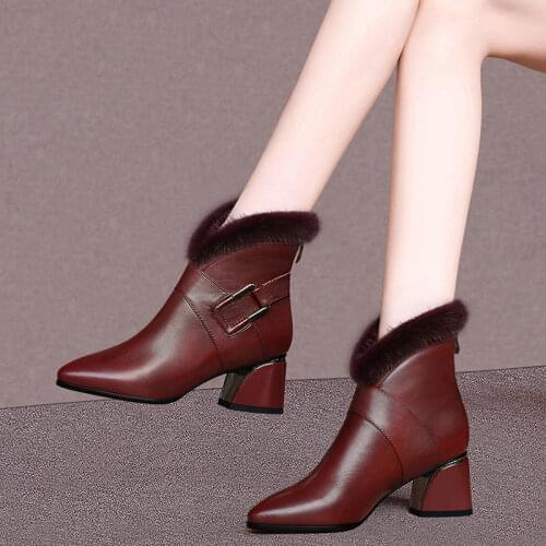 Size 3-41Fur Ankle Boots Woman,2021 Womens Winter Shoes,Soft Leather,Pointed Toe,Low Heel, Big Size,Female Footware,Black,Brown