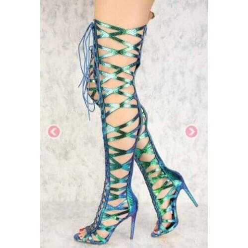 Drop Shipping Summer 2019 New Brand Woman Blue Nude Gold Black Cuts Out Open Toe Cross Lace Up Thin Heels Sandals Long Boots