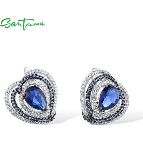 SANTUZZA Silver Earrings For Women Authentic 925 Sterling Silver Heart Shimmering Blue CZ серьги Trendy Elegant Fine Jewelry