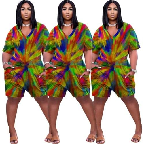 Multicolor Tie-dye Printing Women Plus Size Short Jumpsuits Casual O-Neck Short Sleeve Sportwear Rompers 2021 Summer New