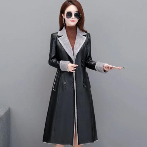 Women Winter Thick Velvet Warm Faux Soft Leather Long Jackets New Ladies Washed Pu Leather Trench Boutique Coat Female Outerwear