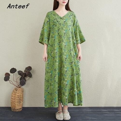 Short sleeve plus size cotton linen vintage floral dresses for women casual loose long woman summer dress elegant clothes 2021