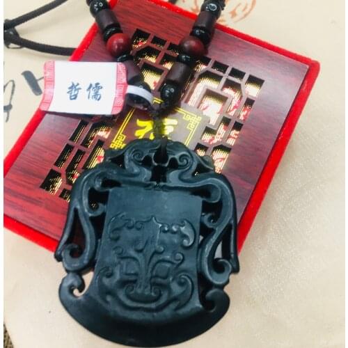 Zheru natural and Tian Moyu carved black double dragon axe pendant with sandalwood beads necklace sweater chain